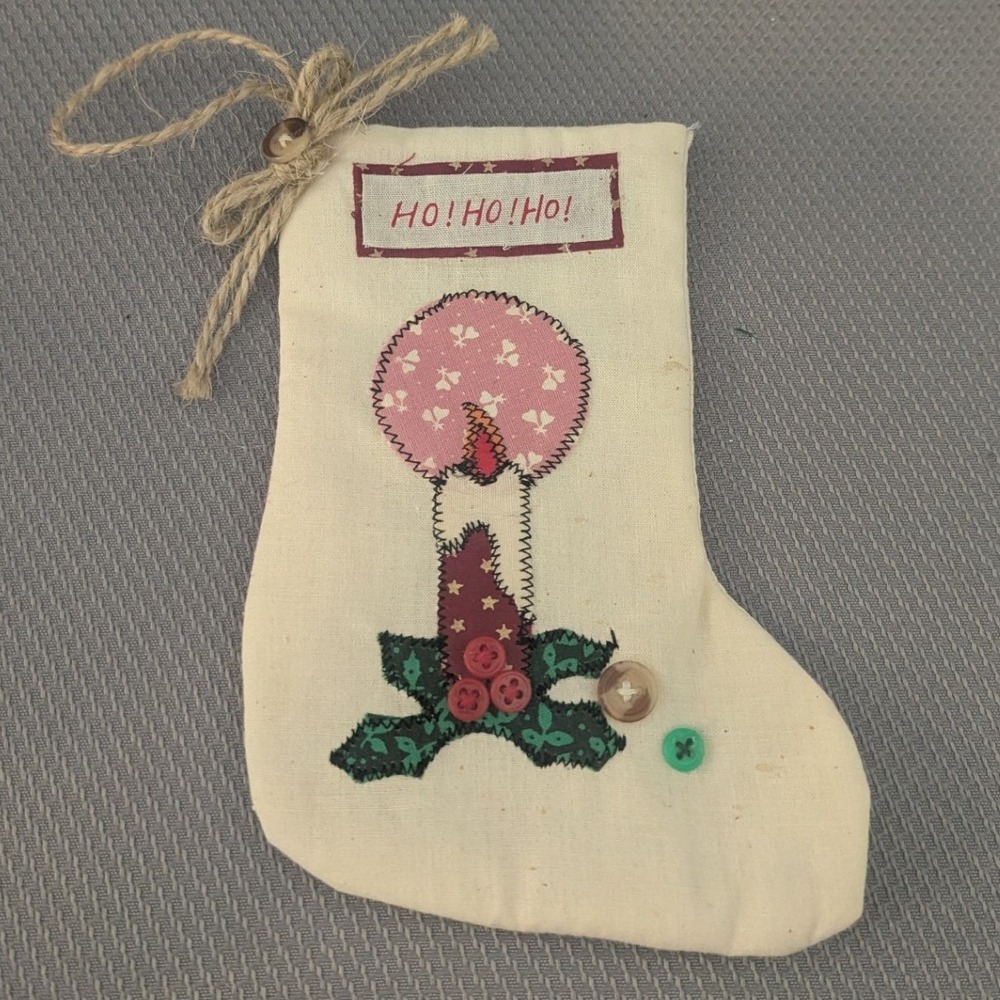 VTG Handmade Primitive Mini Christmas Stocking Candle Patchwork Button Ho Ho Ho